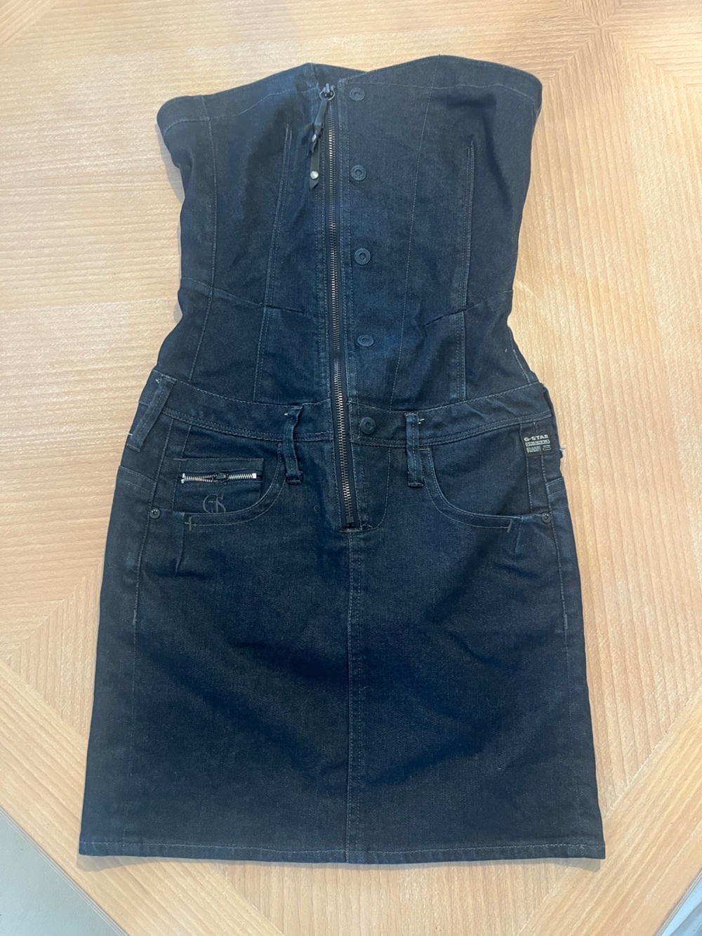 G-Star Strapless Black Denim Corset Dress with Front Zip